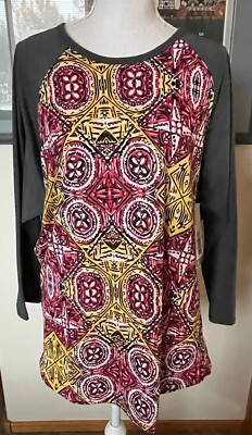 Lularoe Geometric Print Randy Baseball T-Shirt Top Women's Size 2XL Multicolor