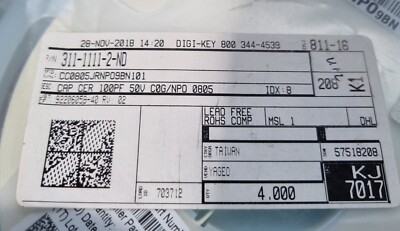 YAGEO CC0805JRNPO9BN101 CAP CER 100PF 50V 4000/PK (R4S13.3B3)
