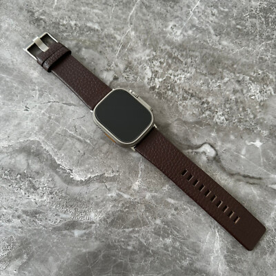 Premium Quality Leather Brown Lychee Watch Strap Band For Apple Watch Ultra 49mm