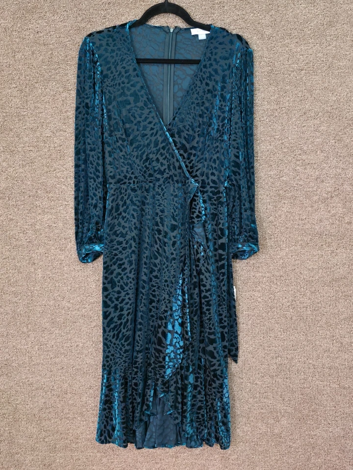 Calvin Klein Animal Print Velvet Burnout Emerald Green Faux Wrap Dress Sz 8 NWT - Image 4 of 4