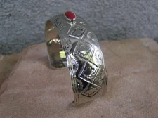 Navajo Indian Nickel Silver & Coral Cuff Bracelet. 3/4 inch Wide. Signed; DC