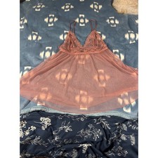 Victorias Secret Pink Lace Sheer Mesh Babydoll Chemise Lingerie M Dusty Rose