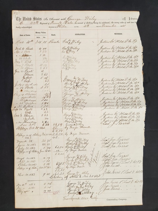 1861 antique CIVIL WAR form Pvt GEORGE WILEY of CO E 112th PA VOLS phila