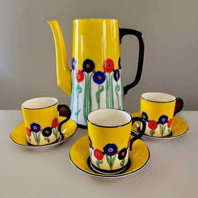 MCM Royal Worcester 1951 Demitasse Set 3 Yellow Floral Cups Saucers & Coffee Pot