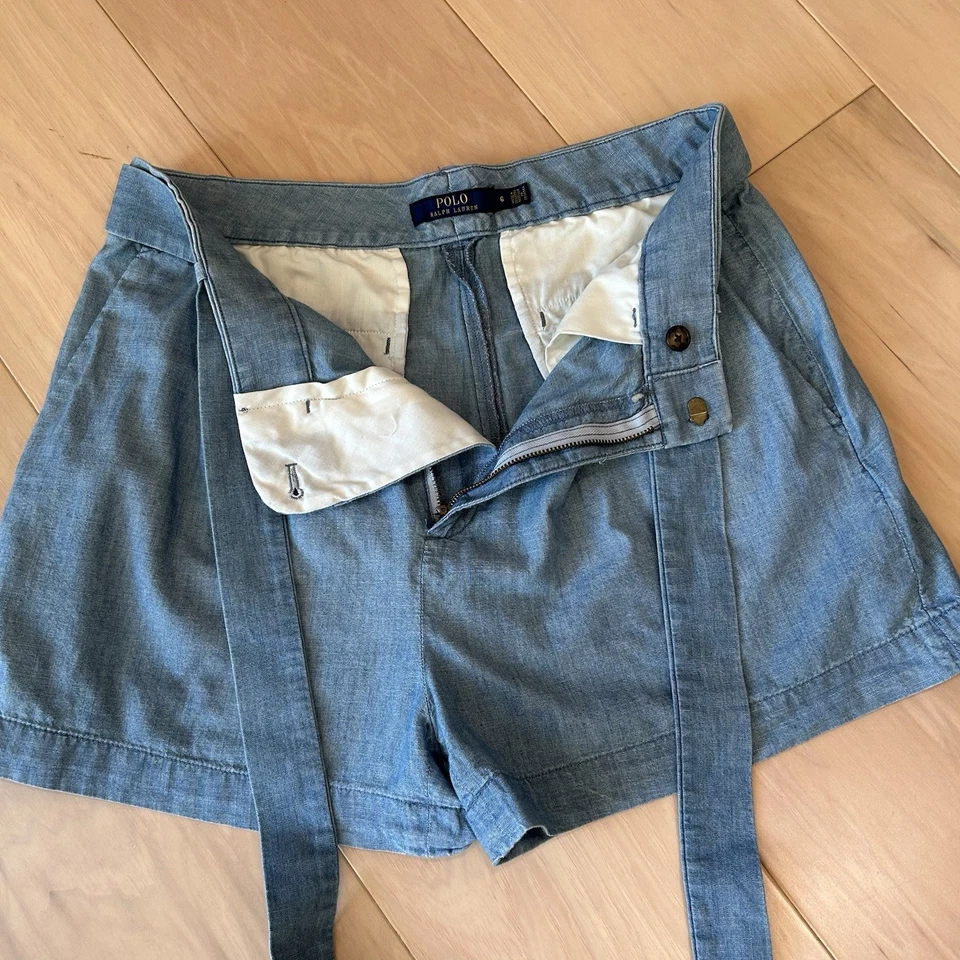 Polo Ralph Lauren Belted Blue Chambray Cotton Shorts 2” Inseam Women’s 6 - Image 3 of 4