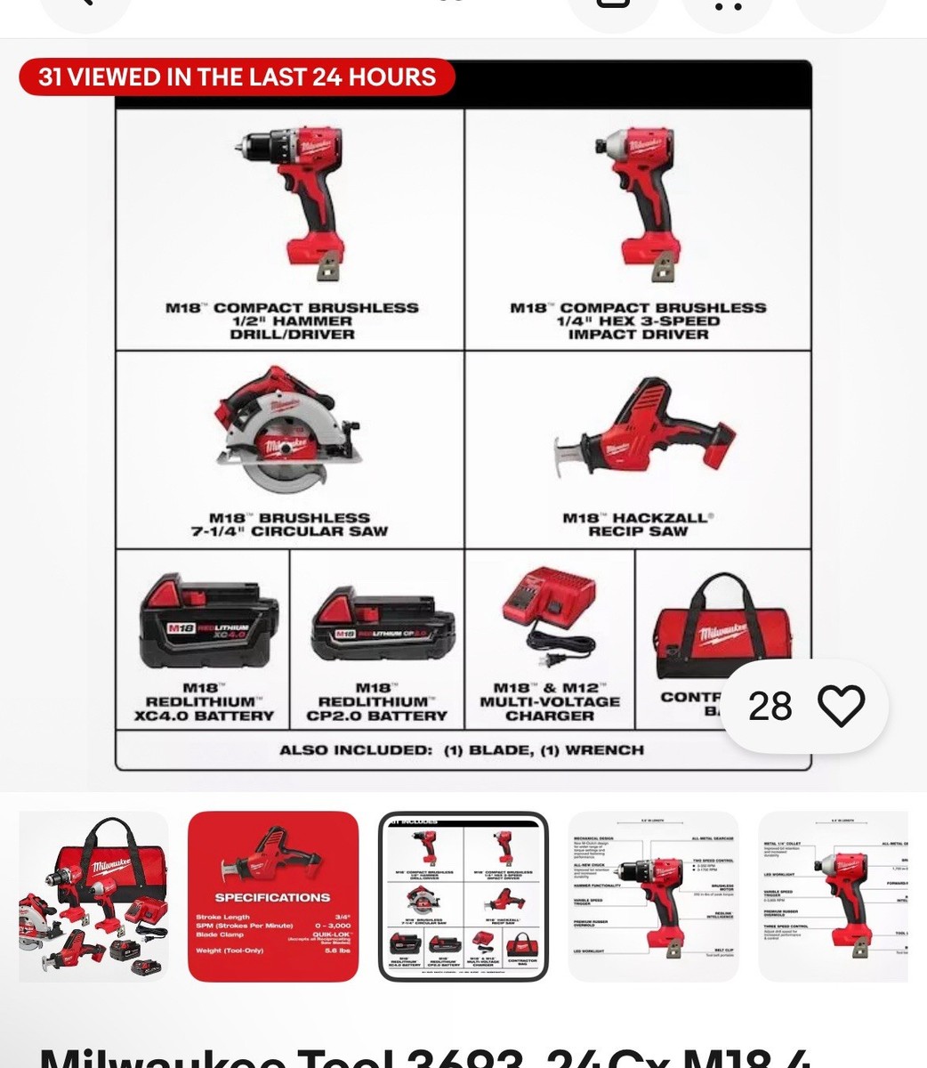 Milwaukee Tool 3693-24Cx M18 4-Tool Combo Kit | eBay
