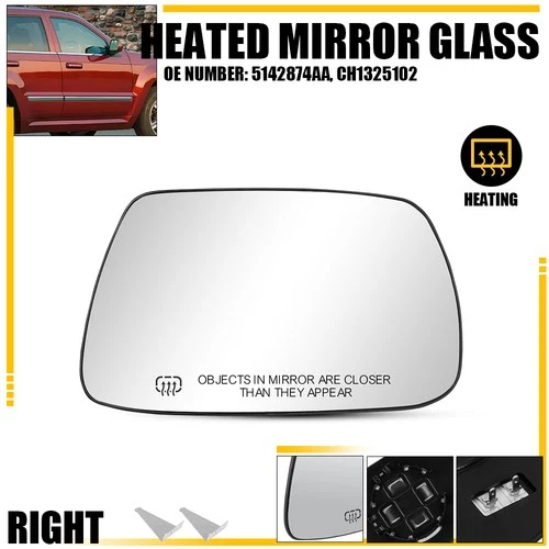 Mirror Glass For 2005-2010 Jeep Grand Cherokee RH Heated Convex Backing Plate EW