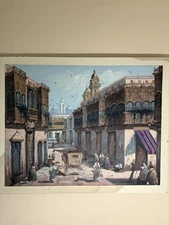 Vibrant Colonial Era Lima Street Scene Large Oil on Canvas, Signed Artist