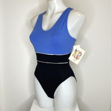 Vintage Marika 80  s Workout Leotard Black Blue Colorblock Racerback Womens Med