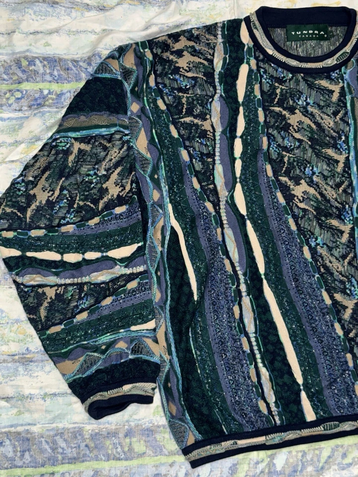 Vintage Tundra Coogi Style 3D Knit Sweater 90s Men’s Large Purple Green Brown - Image 3 of 4