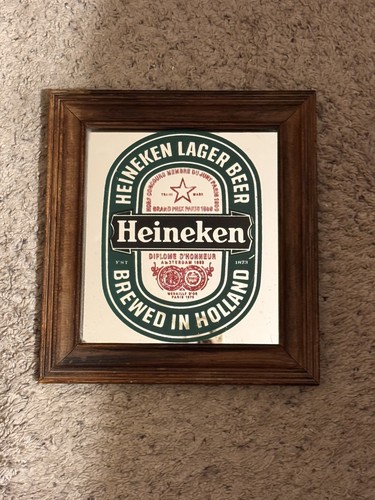 Heineken Lager Beer Mirror Sign Wall Wood Frame 11.5in x 10.5in Bar Ware