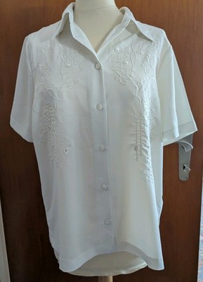 Damen Bluse Kurzarm Kragen Ecru, Gr. 42, Daniel Valentin Collection, Straßsteine