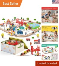 Creative 110-Piece Wooden Train Set with Travel Storage Box City Playmat