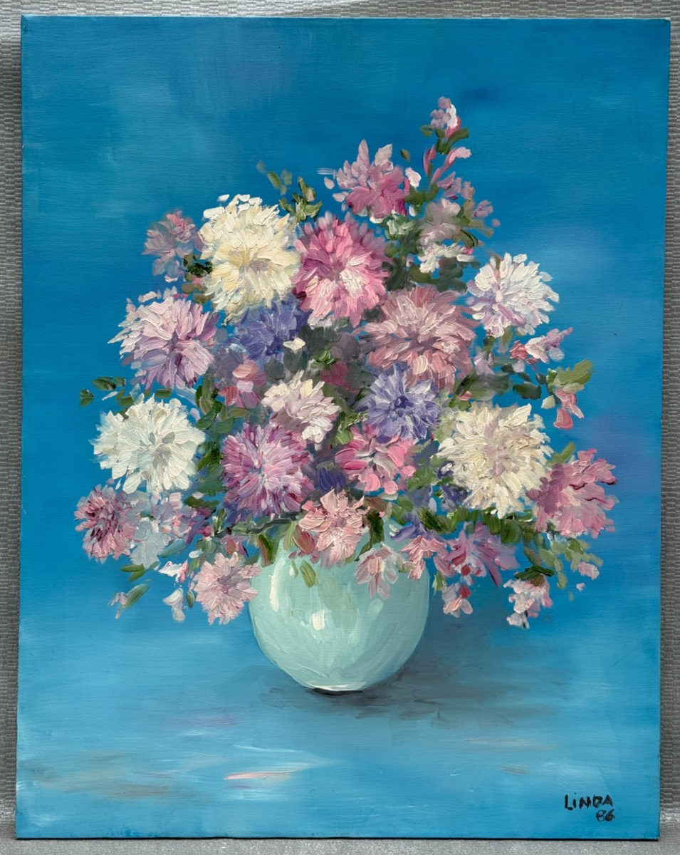 LINDA M SIGNED FLORAL OIL PAINTING VASE WITH FLOWERS 1986 ORIGINAL