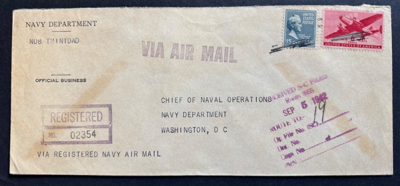 AtoZ.1942Trinidad Registered Navy Airmail Official to Chief Naval Ops 15c Prexie