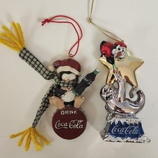 2 Vintage Coca Cola Penguin Christmas Holiday Ornaments Cute Theme Tree