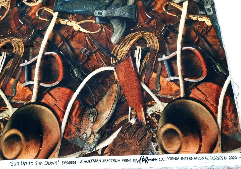 22"x44" Sun Up to Sun Down #4834 Cowboy Boots Hat Rope Gun Hoffman Fabric Cotton - Image 2 of 4