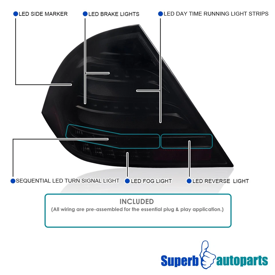 Fits 2001-2004 Mercedes-Benz W203 C-Class Black Smoke Tail Lights LED Sequential - Imagem 3 de 4