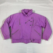 Vtg Skitique Womens Small Ski Snow Down Feather Zip Snap Jacket L/S Floral Lilac