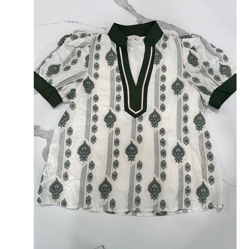 Entro Green Cream Embroidered Damask Puff Sleeve Boho Blouse Top S