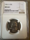 1941-S Washington 25C NGC Certified MS66+ San Francisco Mint Silver Quarter Coin