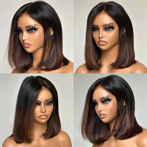 Pelucas de cabello humano bob recto marrón ombre peluca frontal de encaje 13x4 200 % - Imagen 2 de 11