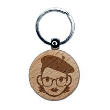 Artist Woman Icon Engraved Wood Round Keychain Tag Charm