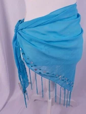 SUN N SAND SHORT SARONG LIGHT SKY BLUE MULTI COLOR W/ BEADS & FRINGE WOMENS NWT