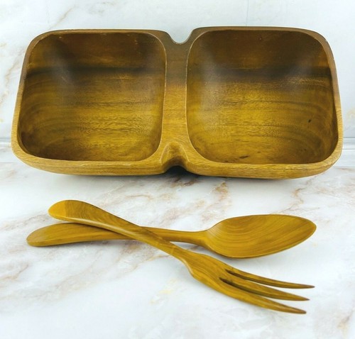 Royal Acacia Serving Bowl Wood Divided - Genuine Monkey Pod with Spoon & Fork
