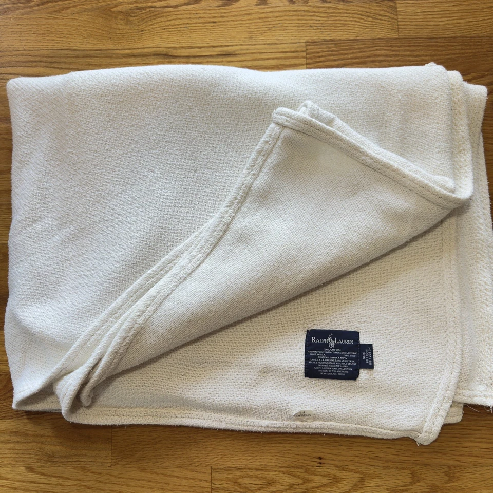Manta tejida de algodón peinado vintage Ralph Lauren doble/tiro 66" x 90" blanco roto Foto 2 de 4