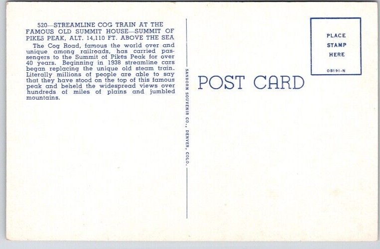 RAILROAD POSTCARD Streamline Cog Train at Summit House, Pikes Peak | eBay