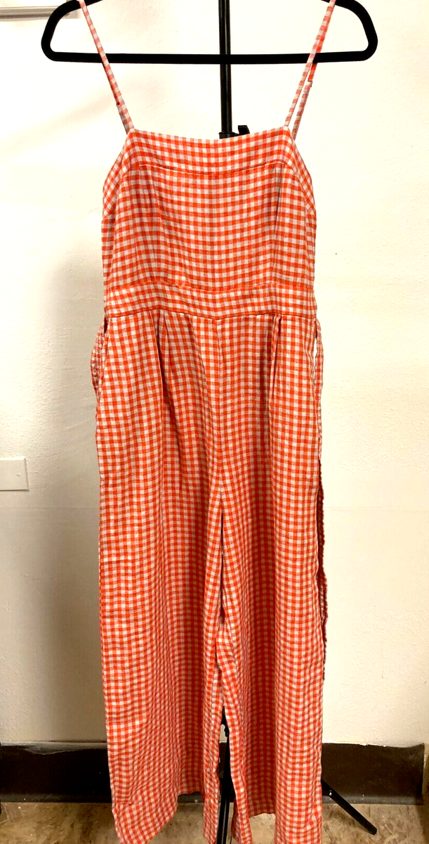 Crew Linen Orange Gingham Tie Waist Jumpsuit Check Cropped