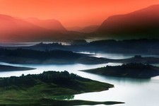 Landscape nature lake mountains mist red sky blue water Custom Gaming Mat Desk