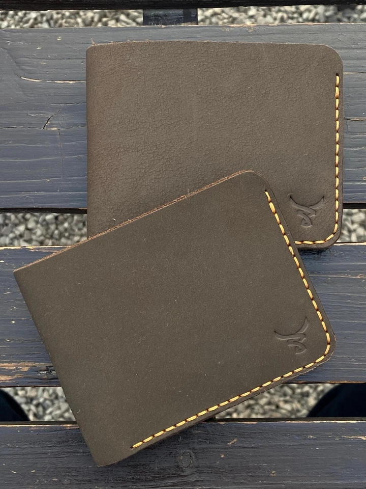 Real Genuine Leather Bifold Wallet Hand Stitched Textured Full Coffee Brown - Image 2 of 4