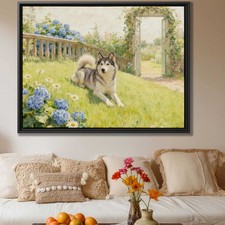 Siberian Husky Dog Art Print Vintage Garden Oil Painting Floral Wall Decor