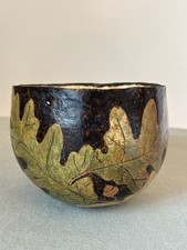 Hand Carved Gourd Bowl With Leaves  Acorns Signed Bohemian Folk Art Style Decor