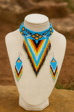 Handmade Tribal Beaded Choker Necklace Earrings Set Blue Orange Boho Statement
