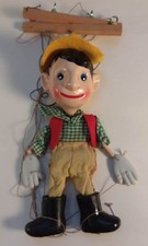 Pinocchio folk art marionette 10 1/2" tall to top of hat c 1940