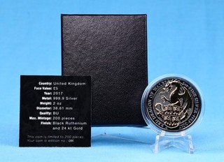 UK 5 £ 2017 Red Dragon Of Wales 2 OZ Silber 999.9 Black Ruthenium Gold Finish