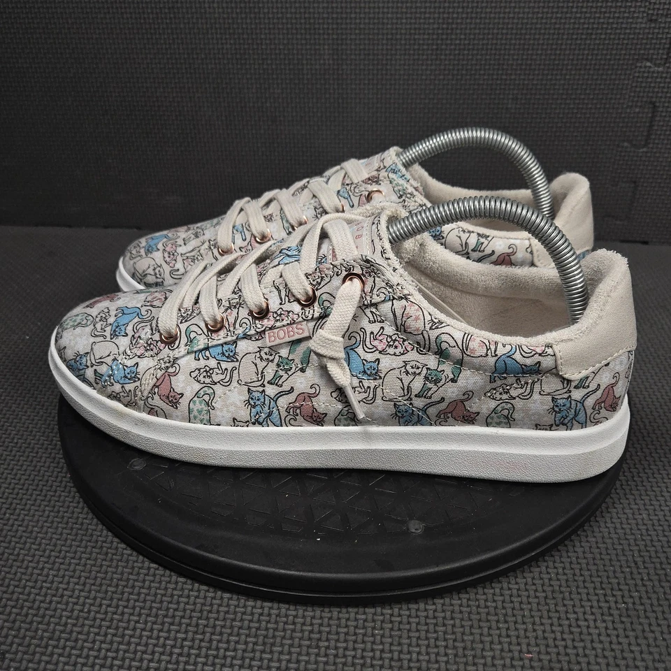 Skechers BOBS Shoes Womens Size 9.5 Beige Cat Print Lace Up Memory Foam 114677 - Image 3 of 4