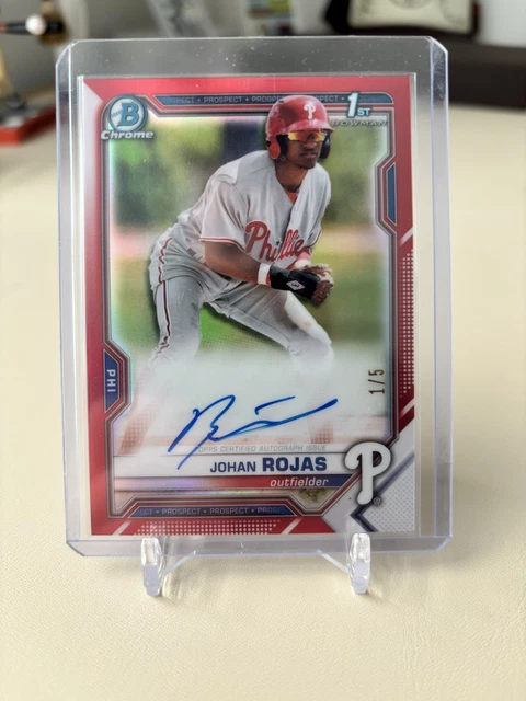 Johan Rojas 1st Bowman Red Refractor Auto 1/5 2021 Baseball Card Phillies