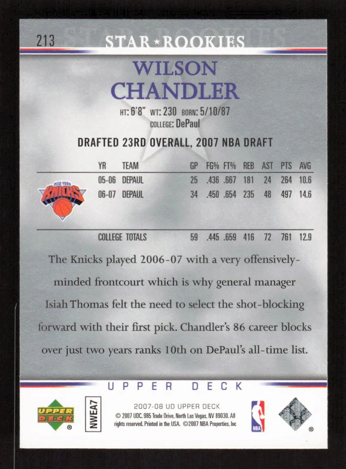 Wilson Chandler 2007-08 Upper Deck #213 Rookie New York Knicks - Image 2 of 2