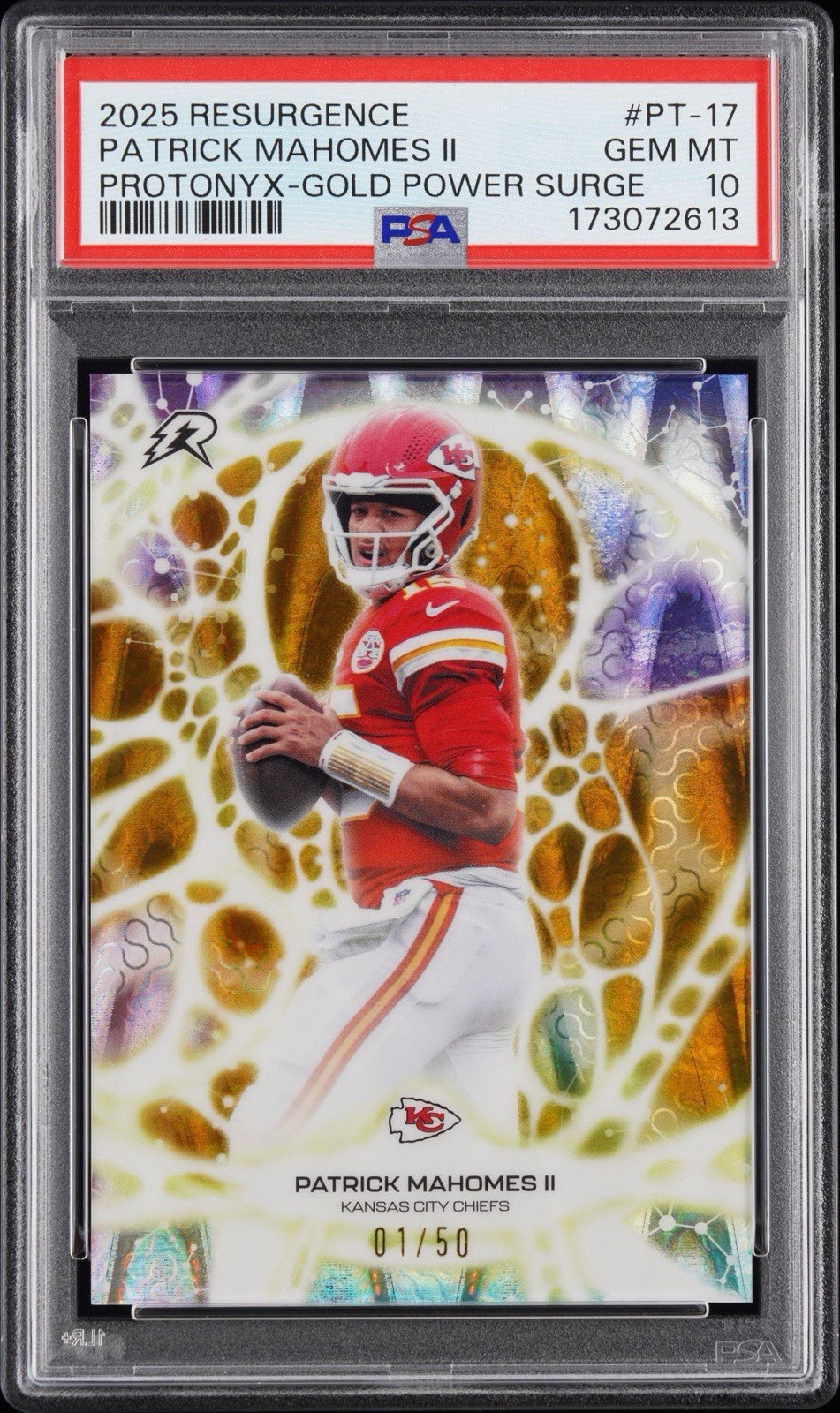 Topps 2025 Resurgence Patrick Mahomes II Protonyx Gold Power Surge /50 PSA 10