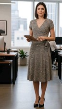 New York & Company Wrap Dress Medium Light Brown Ivory Print V Neck Career