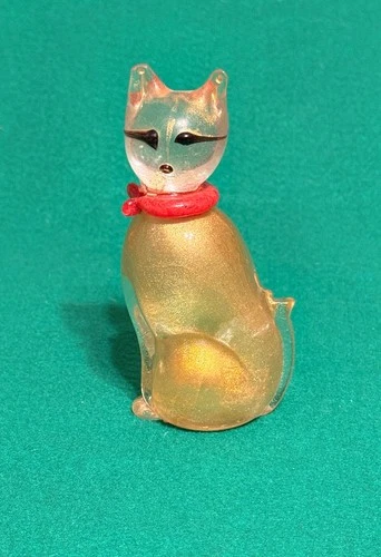 Murano Art Glass Cat Figurine Gold Aventurine Red Collar Italy 1950s Vintage