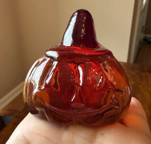 Blenko Glass Orange Pumpkin Jack O Lantern Paperweight Hand Blown New 3"