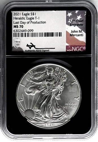 2021 SILVER EAGLE HERALDIC EAGLE TYPE 1 LAST DAY OF PRODUCTION NGC MS70 MERCANTI
