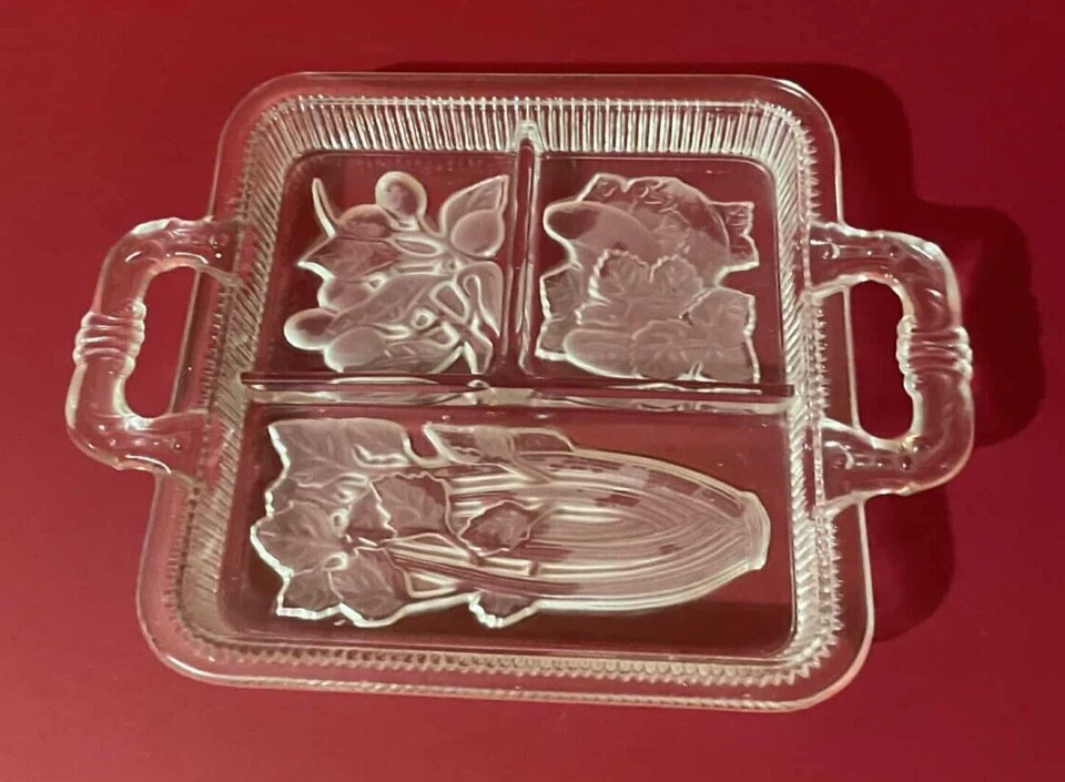 Art Deco Style Divided Dish Clear Frosted Glass Vintage with handles - Image 2 of 4