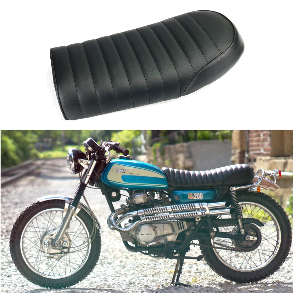 Black Retro Motorcycle Flat Brat Cafe Racer Seat Saddle Cushion for Honda CL200 - Image 2 of 4