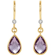 14k Yellow Gold Genuine Purple Amethyst and Diamond Earrings